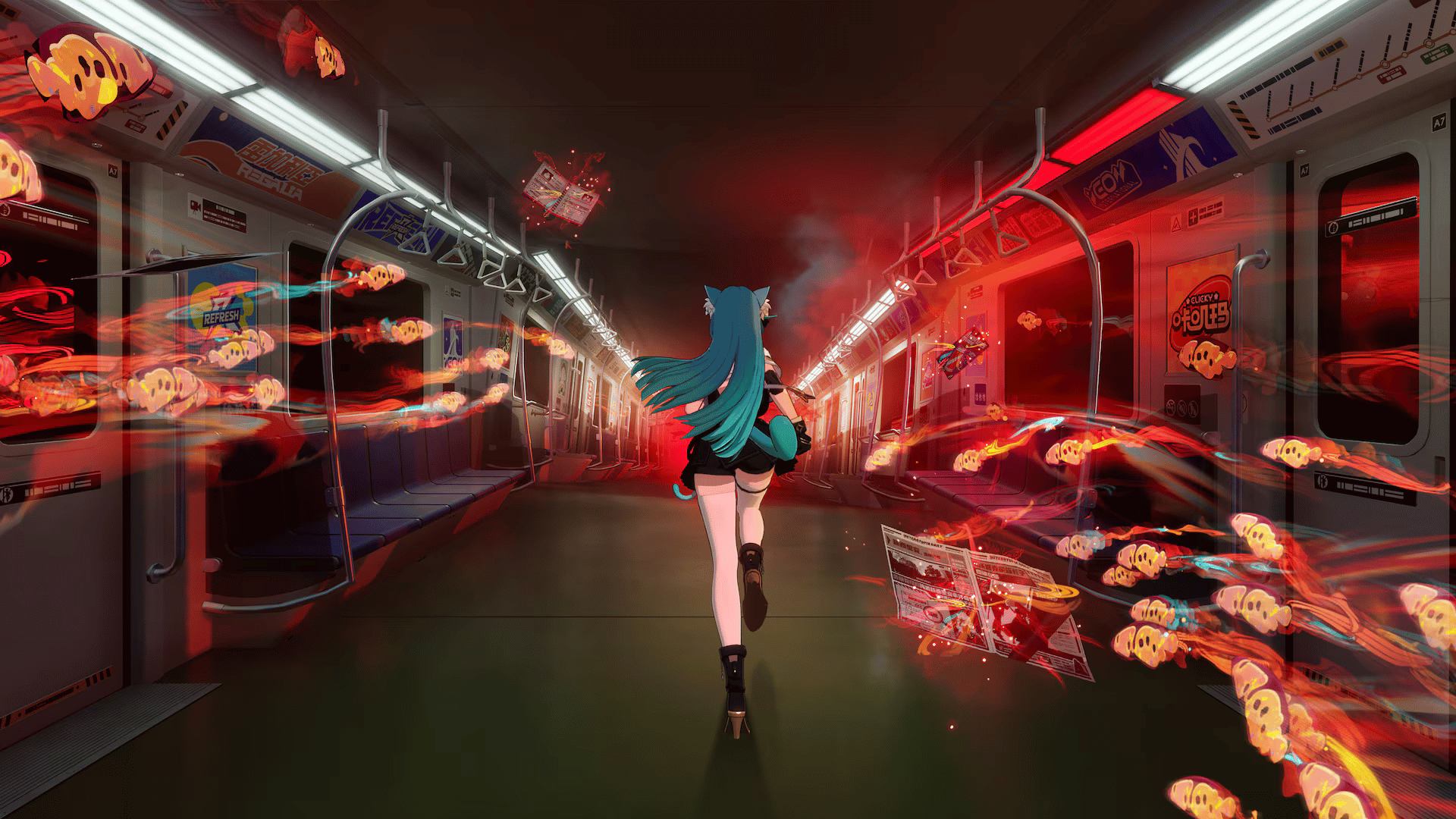A character encountering anomaly entities inside a subway train in Neverness to Everness