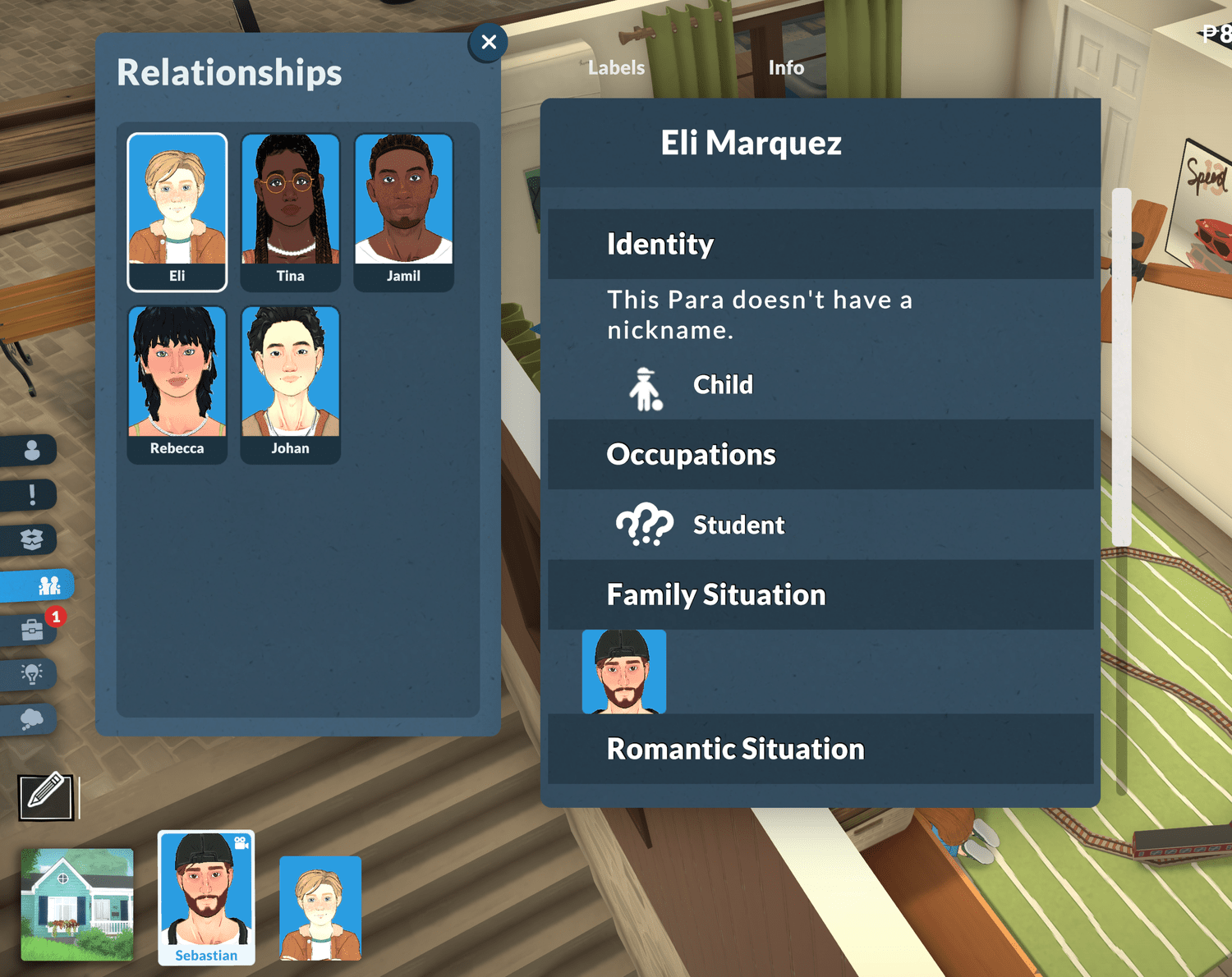 The Para info tab for Eli Marquez showing Identity, Occupations, Family Situation and Romantic Situation sections beside the Relationships panel, after the patch 0.1.8 display fix
