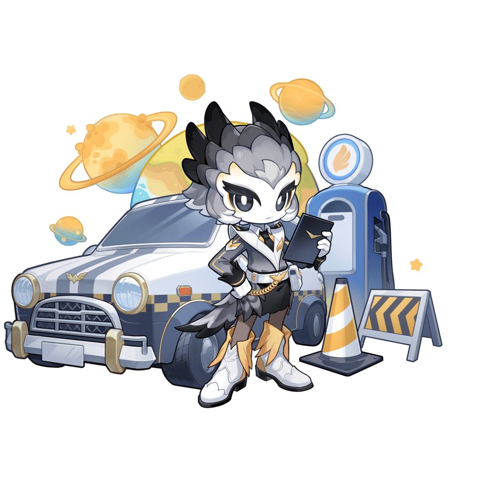 Harpeno, the owl Route Patrol Officer Neighbor, standing beside a patrol car with a traffic sign