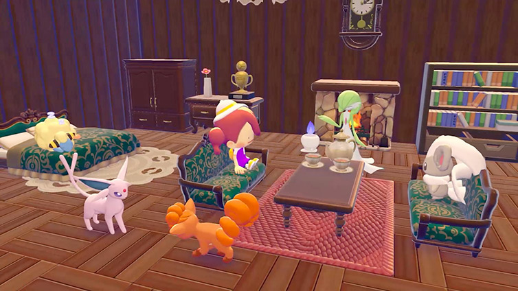 Decorated interior room with Pokemon-themed furniture in Pokopia