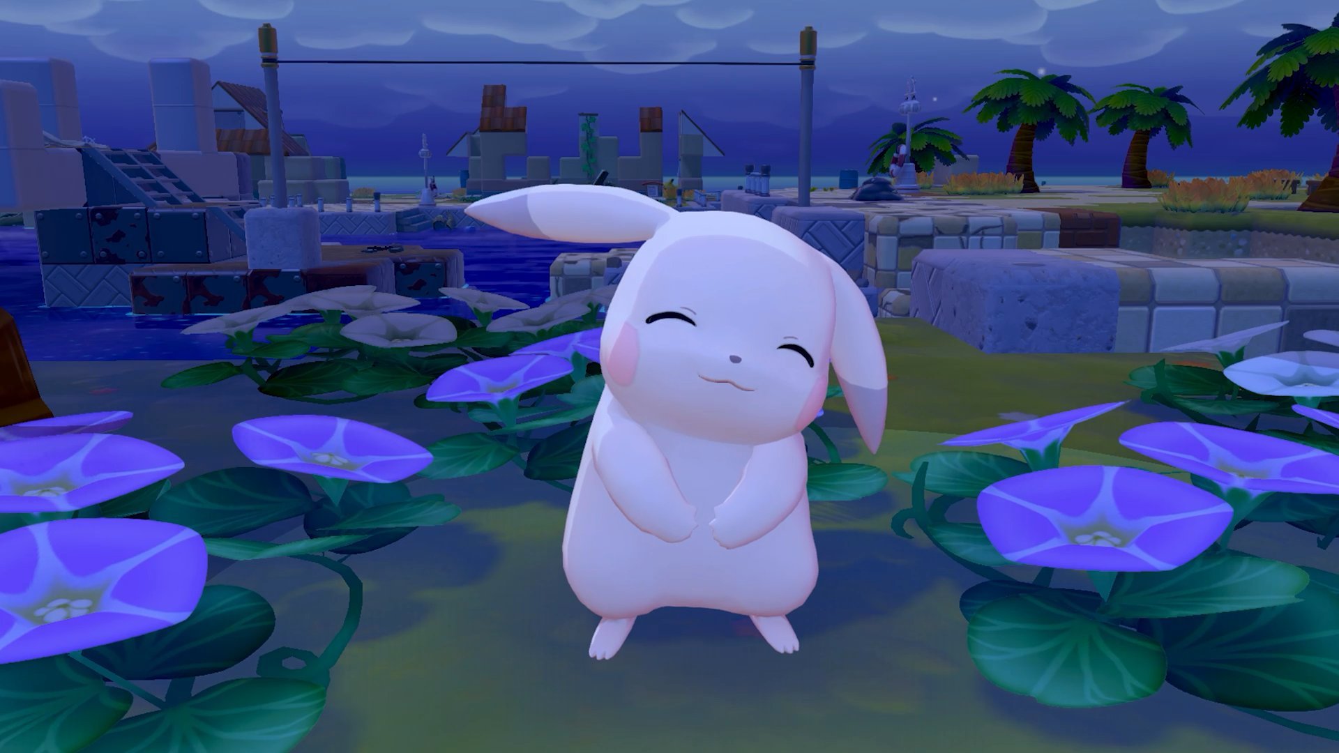 A cute pink bunny-like Pokemon among glowing lily pads and morning glory flowers at nighttime near a beach area