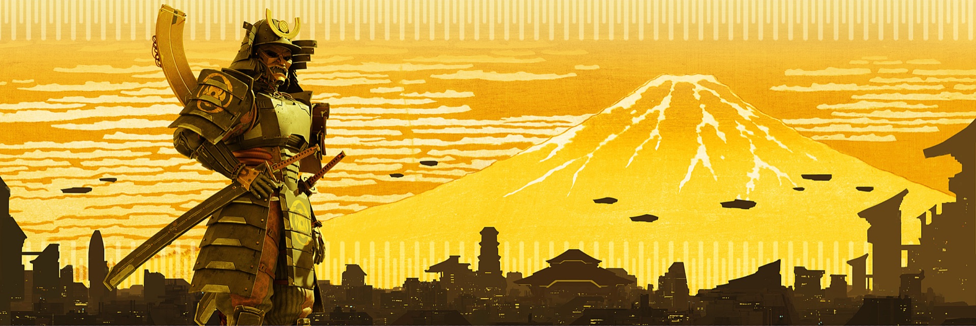Woodblock-print style Shogunate propaganda art of an armoured samurai with a golden crescent crest on his helm, standing before a snow-capped peak and a skyline mixing pagoda roofs with tower blocks, with lens-shaped craft hanging in the sky