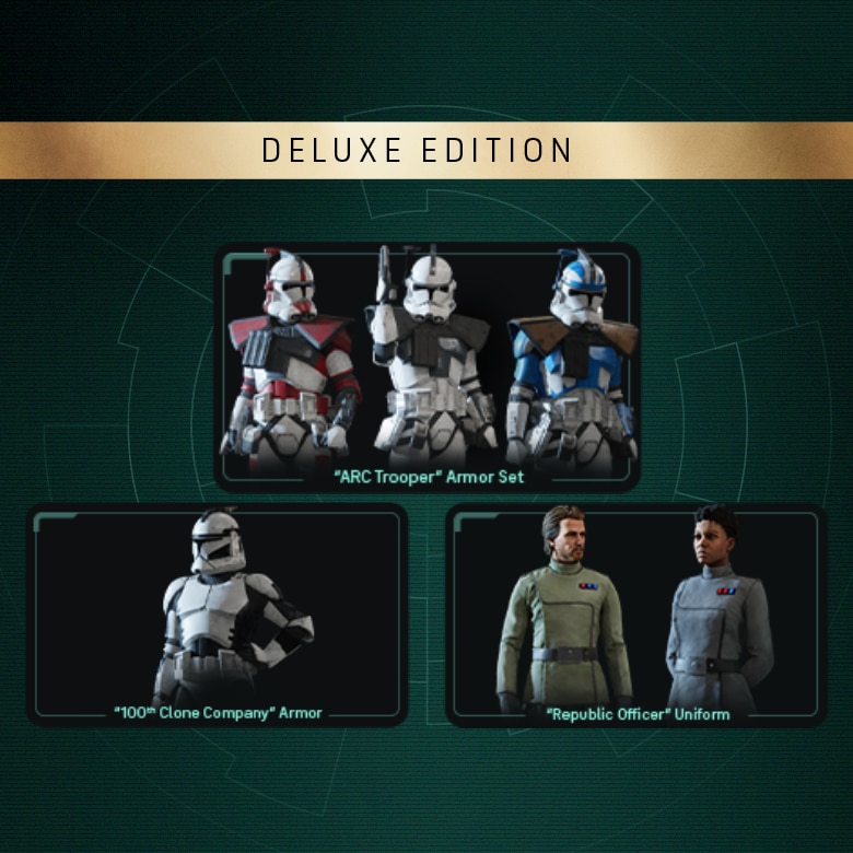 The Grand Army of the Republic cosmetic pack: the ARC Trooper armor set, the 100th Clone Company armor, and the Republic Officer uniform