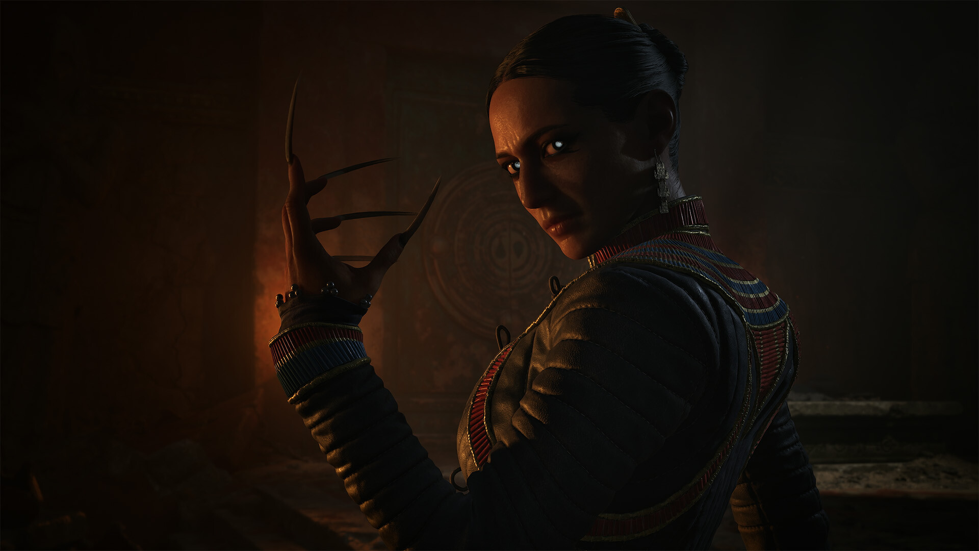 A vampire noblewoman with long talon like claws glancing back over her shoulder in a dim ritual chamber