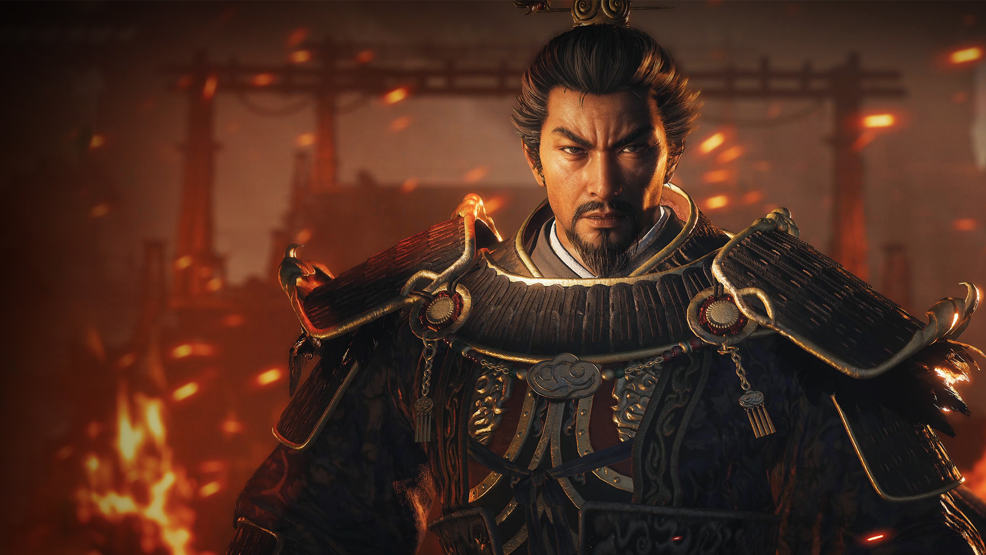 An armoured Three Kingdoms commander in ornate lamellar armour stands before a burning shipyard in Wo Long 2: Wings of Ember