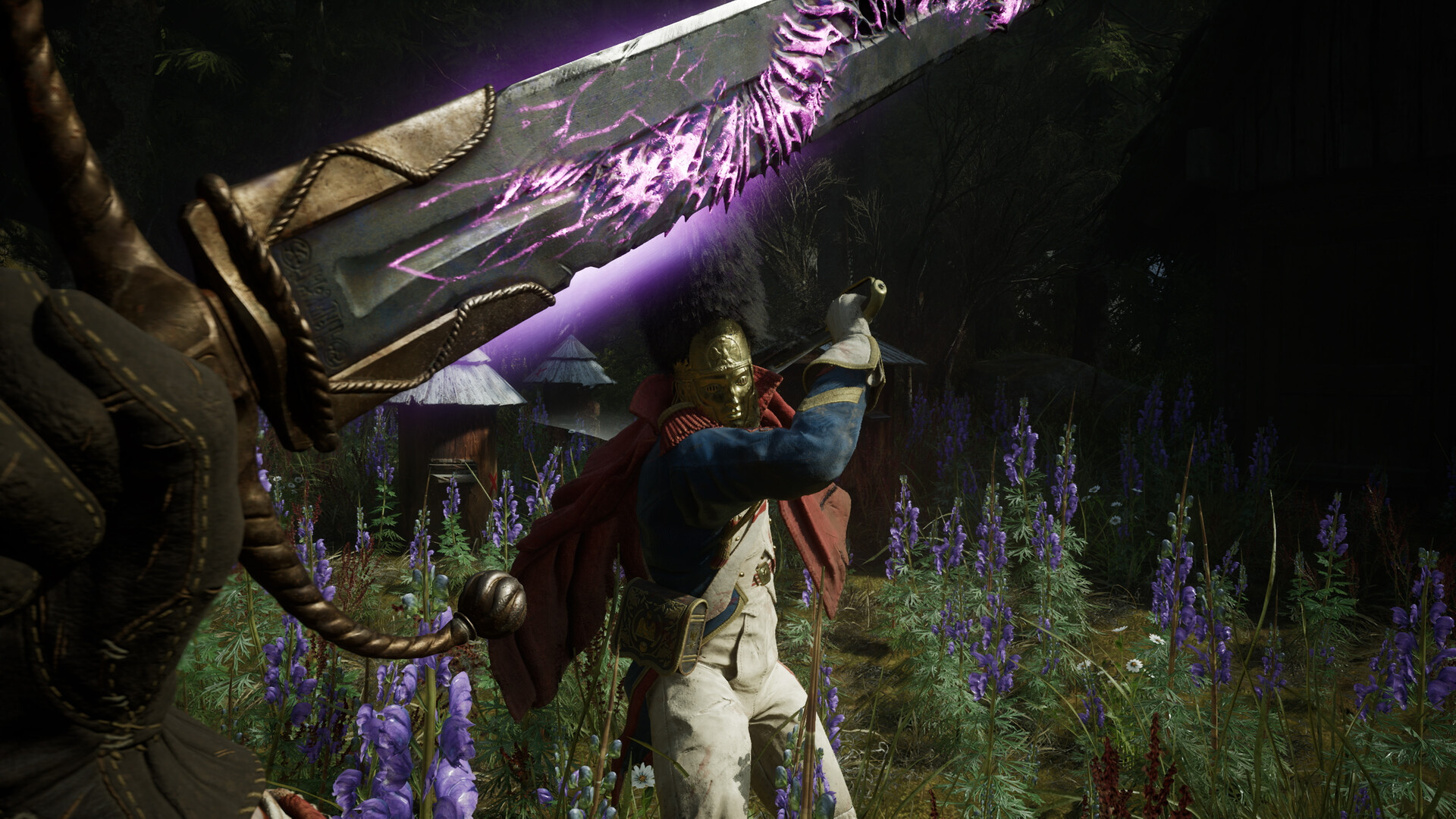 A huge chipped blade wreathed in violet plague energy raised against a soldier in a Napoleonic blue coat, red cape and tall black plume whose face is hidden behind a brass mask