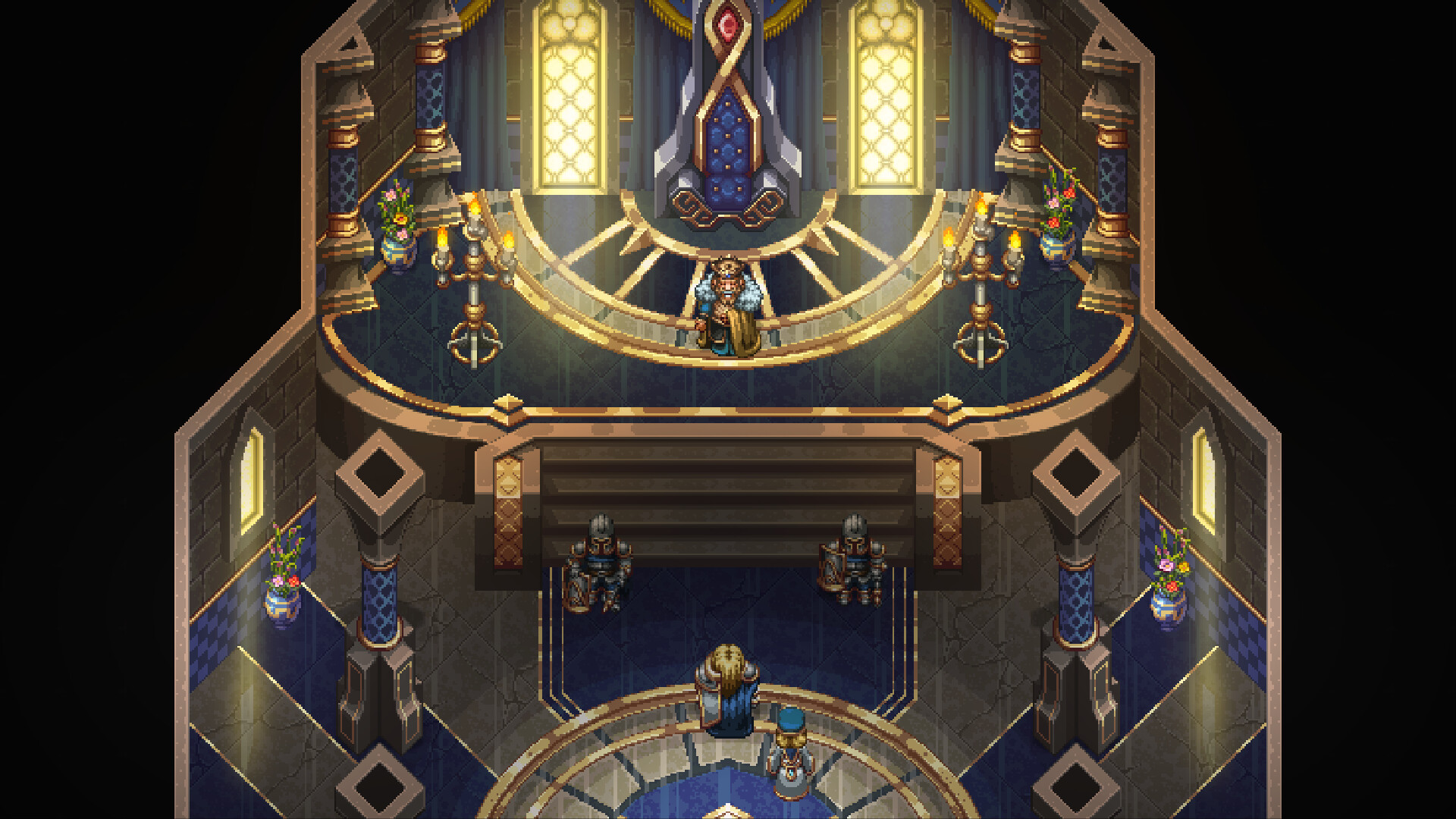 A throne room interior, with a seated ruler on a raised dais above a guarded hall