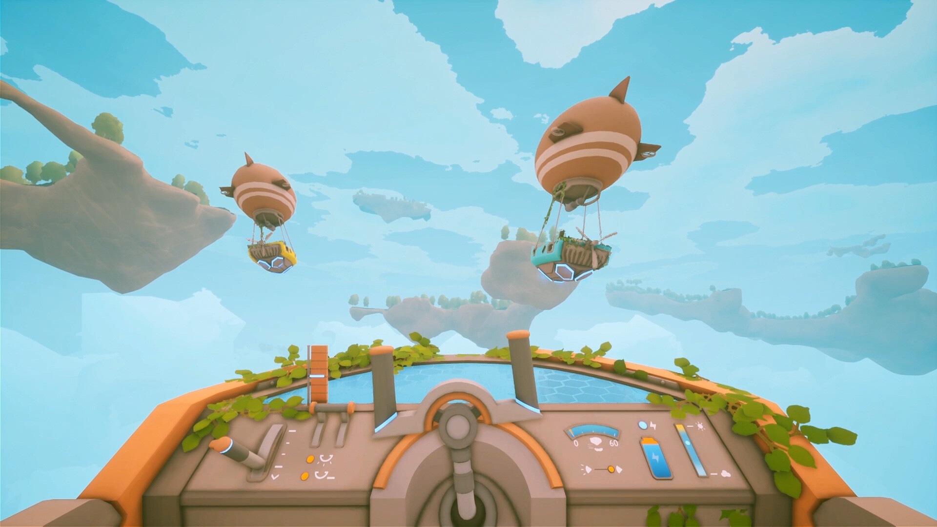 First-person view from a Solarpunk airship helm, showing the steering wheel, speed dial, battery charge and wind gauges with two other airships and floating islands ahead