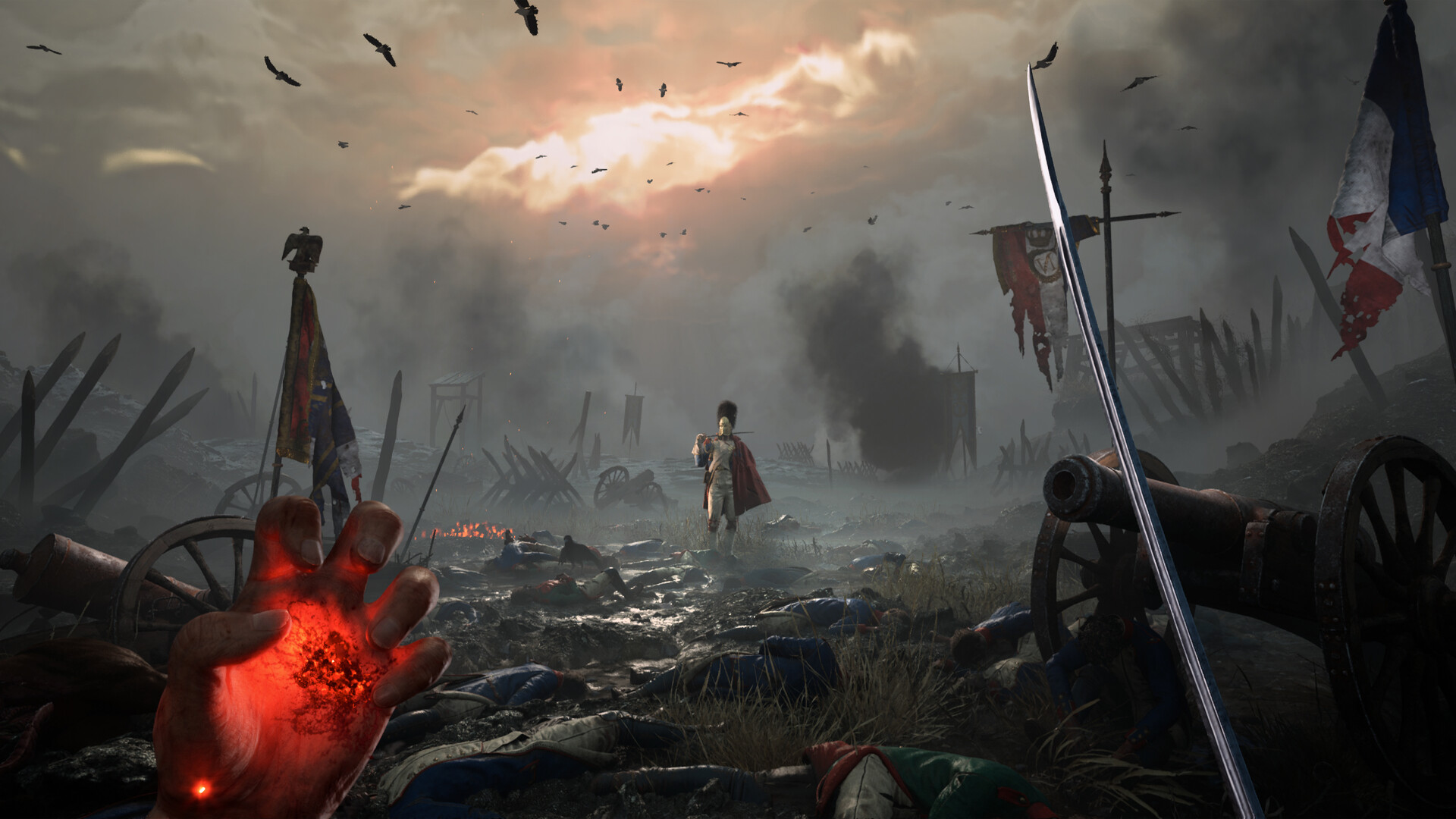 First-person view of a plague-corrupted hand glowing red on a battlefield strewn with fallen soldiers