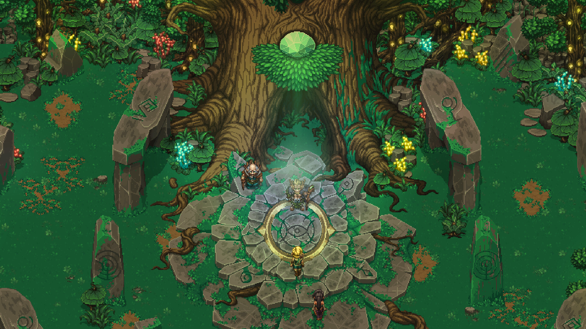 A druid grove built around a great tree, with a glowing ritual circle at its base