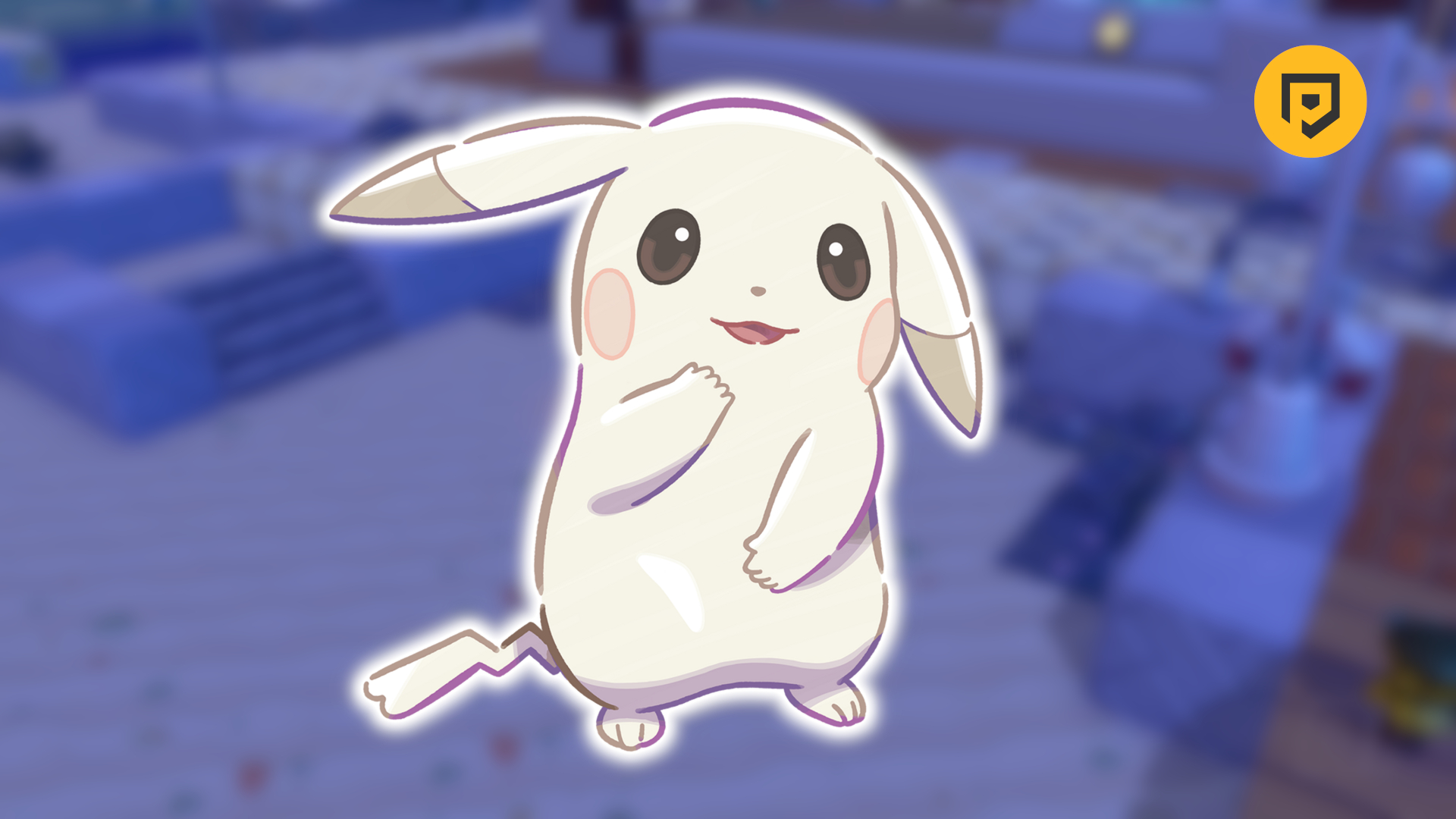 Peakychu glowing against the Bleak Beach background in Pokemon Pokopia