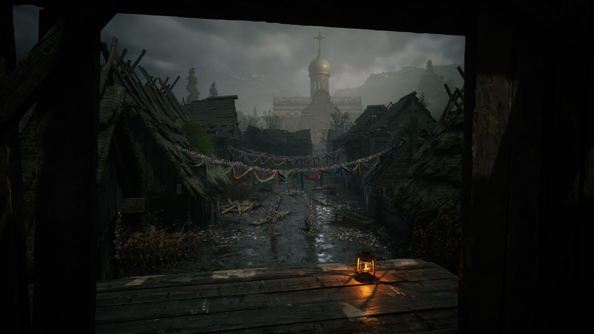 A lit lantern on a wooden platform overlooking a ruined, plague-stricken village