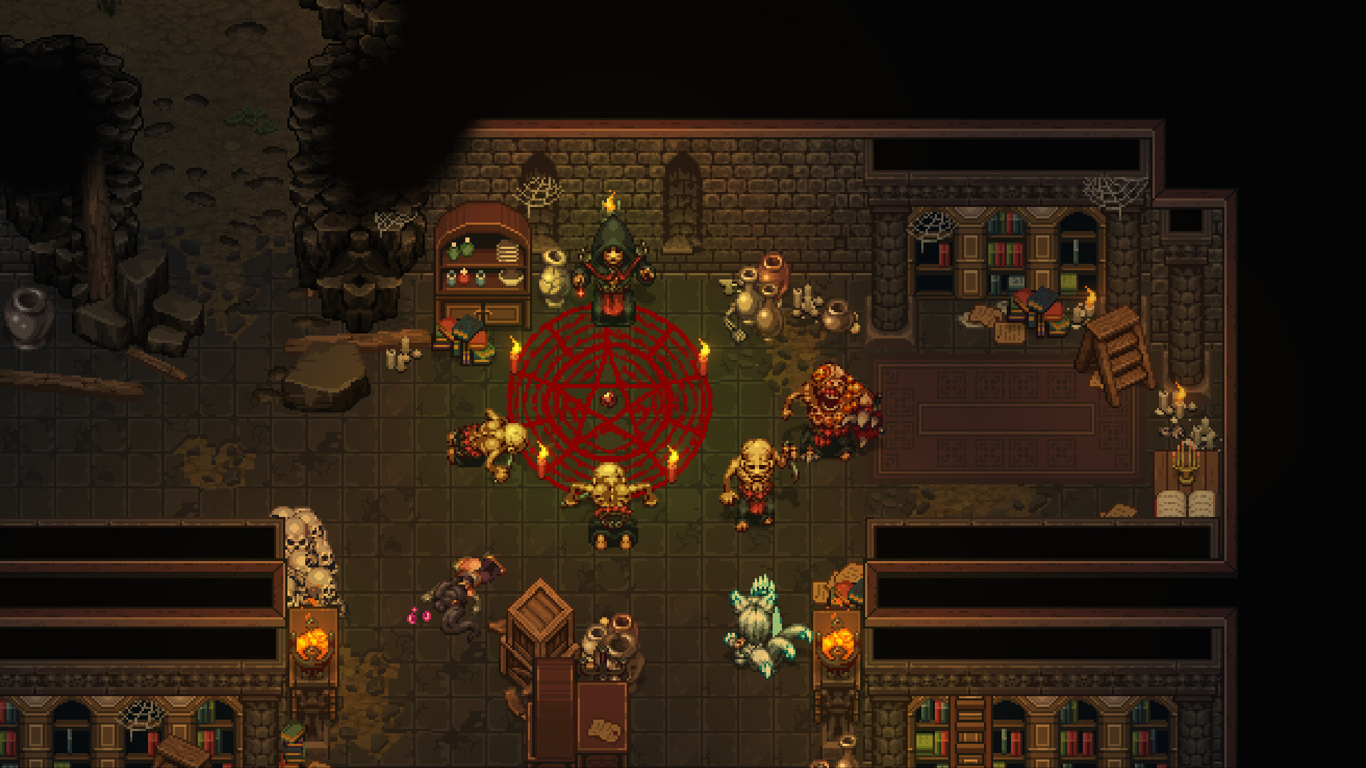Demonic enemies gathered around a glowing summoning circle in a ruined interior