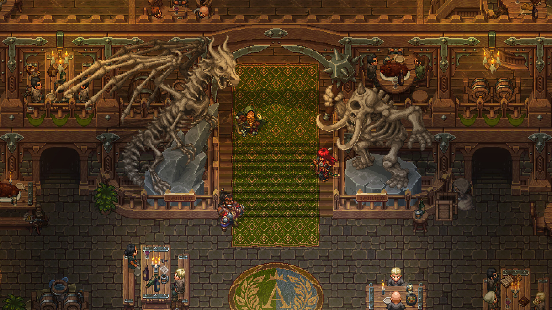 The interior of an Adventurer's Guild hall, with dragon skeletons displayed on either side of the entrance