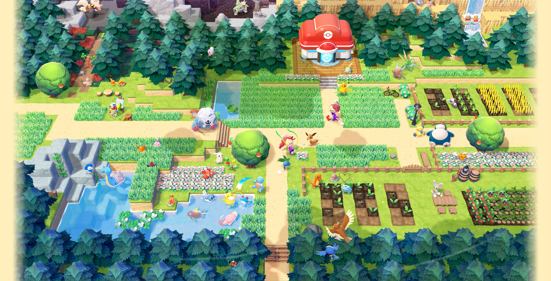 Official Pokemon Pokopia hero banner showing Ditto and Pokemon settlement