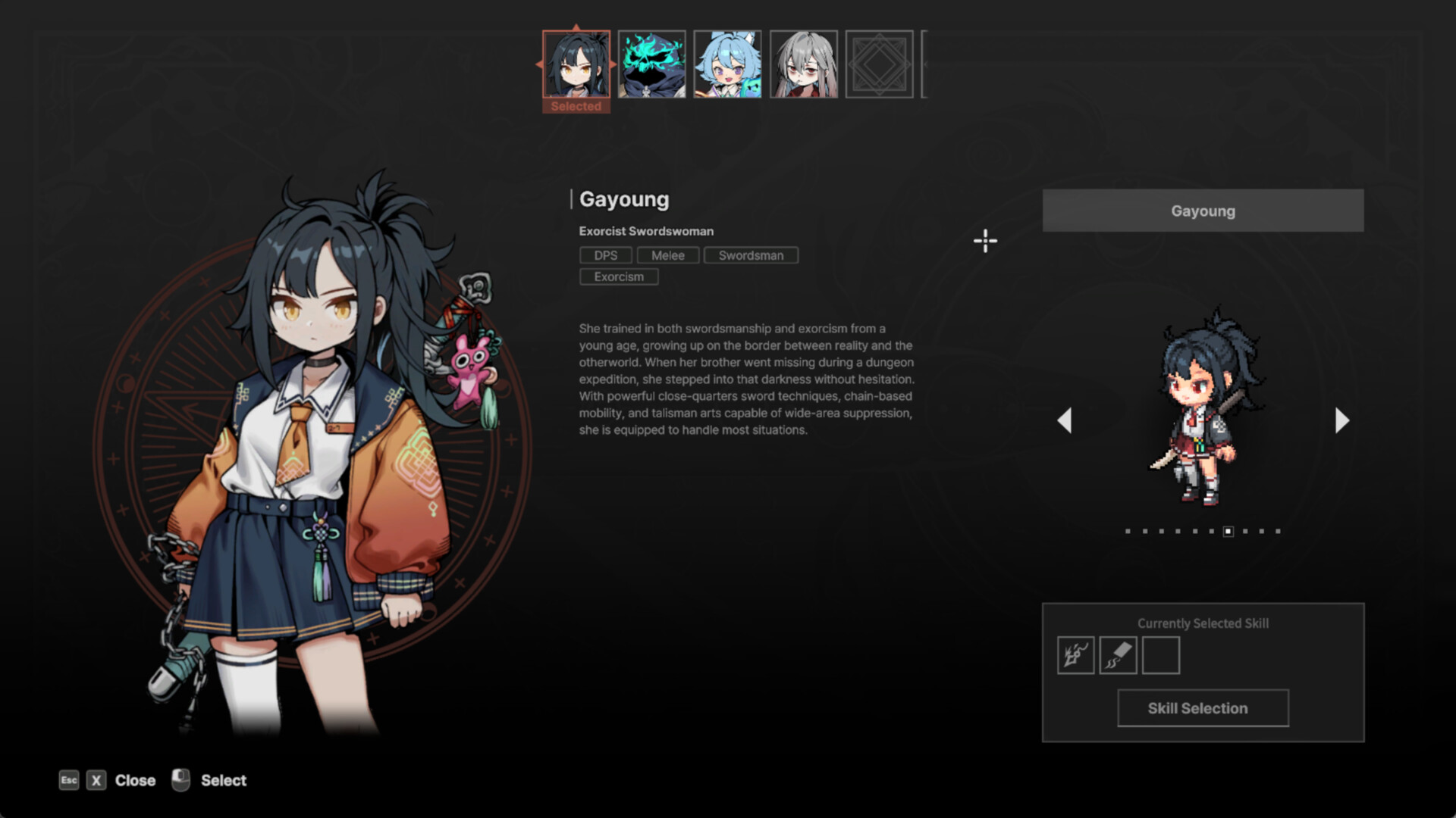 The VOID DIVER character select screen showing Ga-young, the melee Exorcist Swordswoman