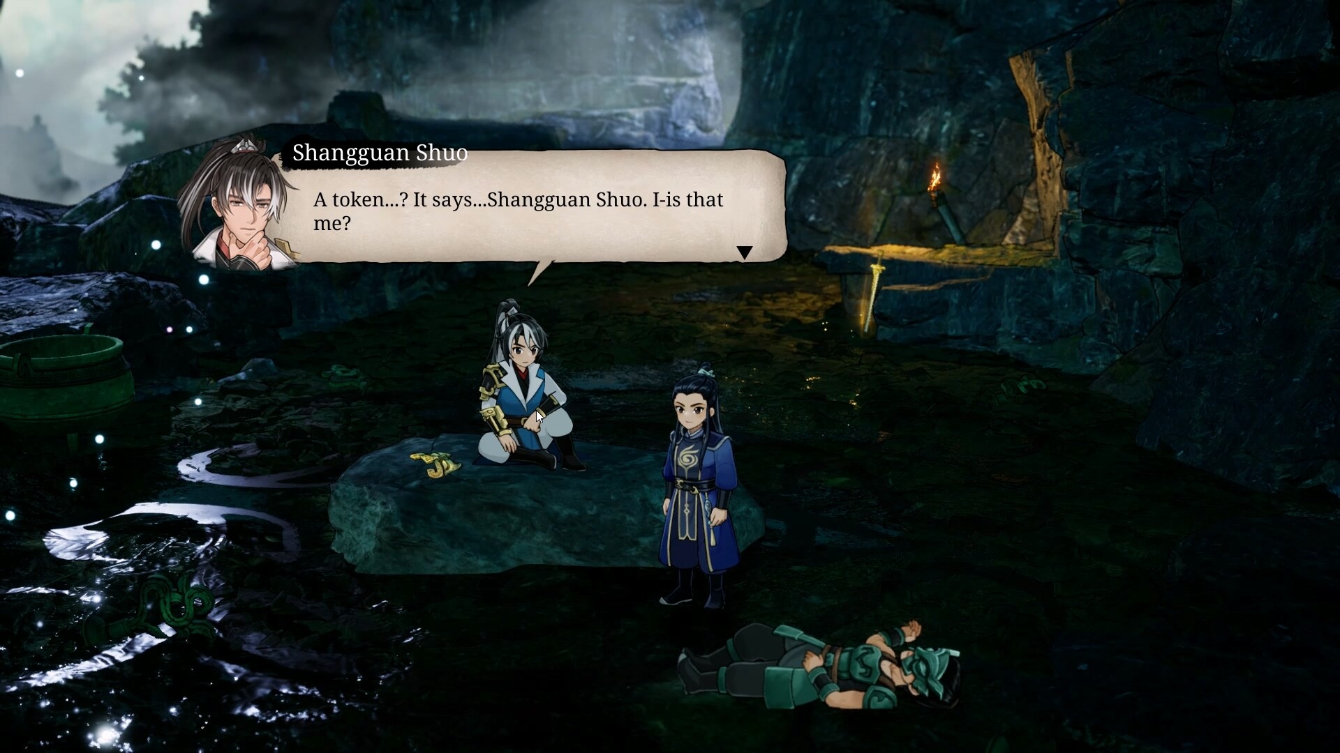 A dialogue scene in a torch-lit cave. The speaker nameplate reads Shangguan Shuo, and the line reads that a recovered token bears that name while the character asks whether it is his own.