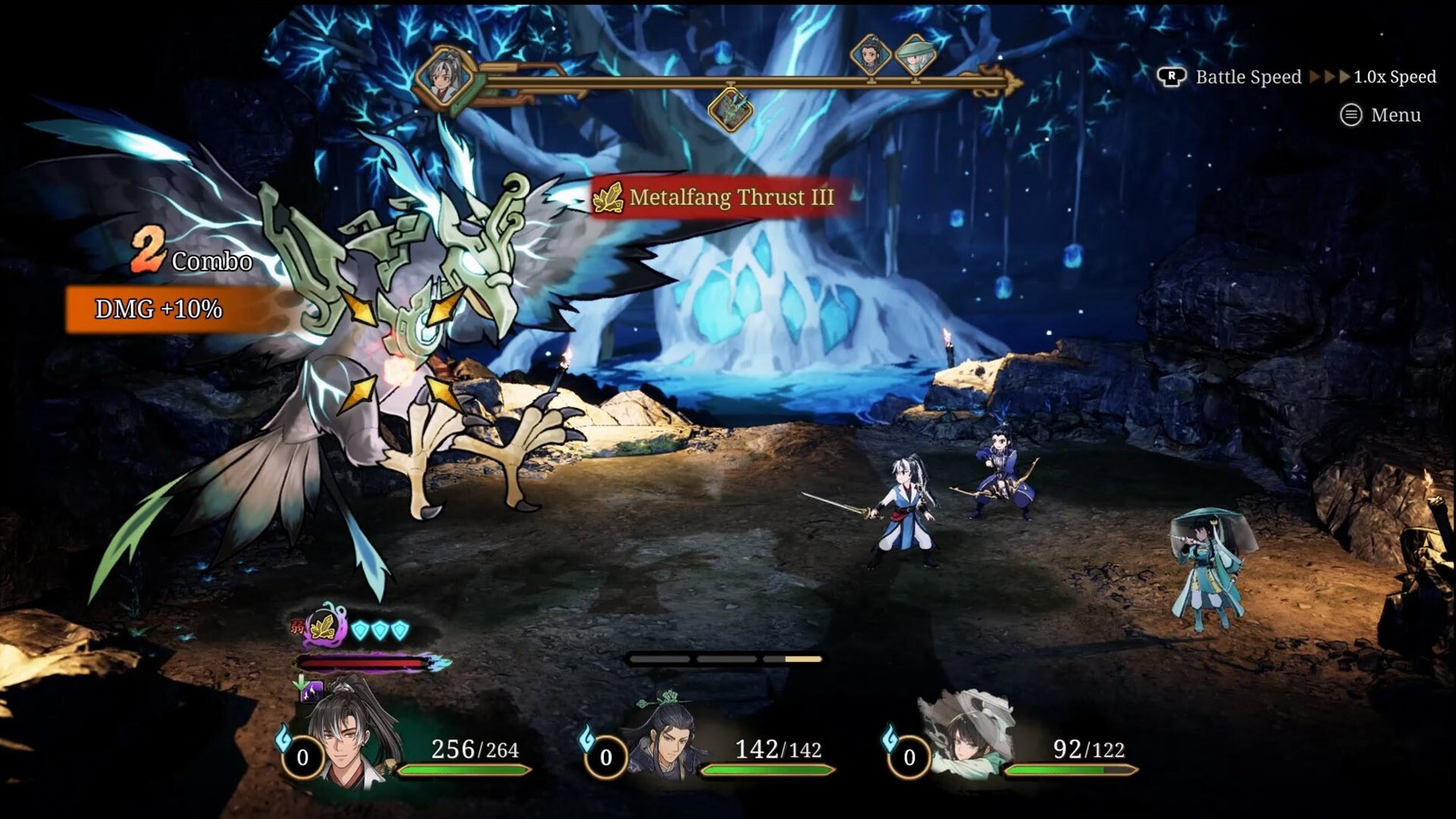 A battle in progress showing the turn order bar across the top, a combo counter with a damage bonus, a named skill banner and three party health bars.