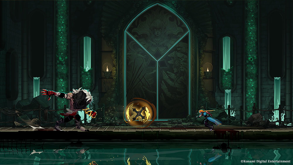Rose faces The Fallen and his spinning cross in a teal-lit sewer hall.