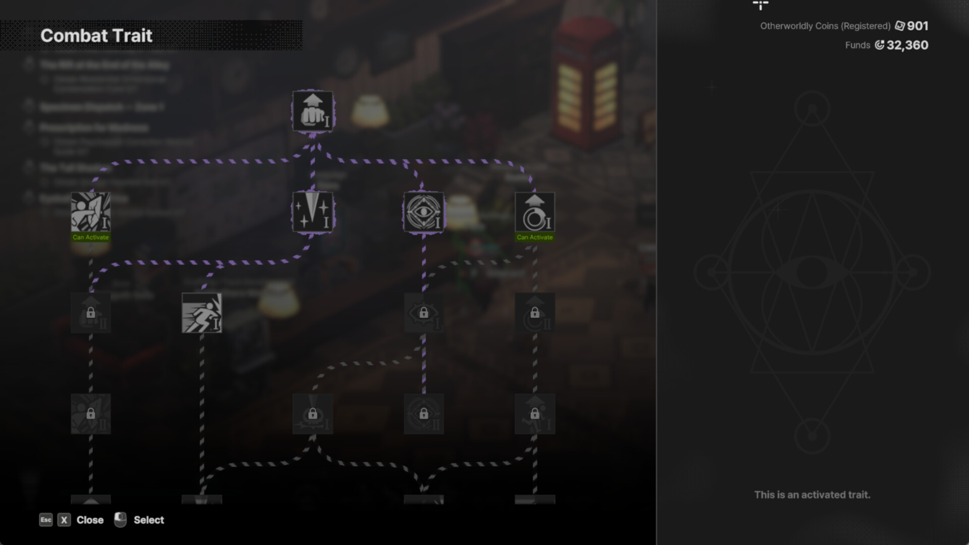 The Combat Trait tree in VOID DIVER, with activated, unlockable, and locked trait nodes