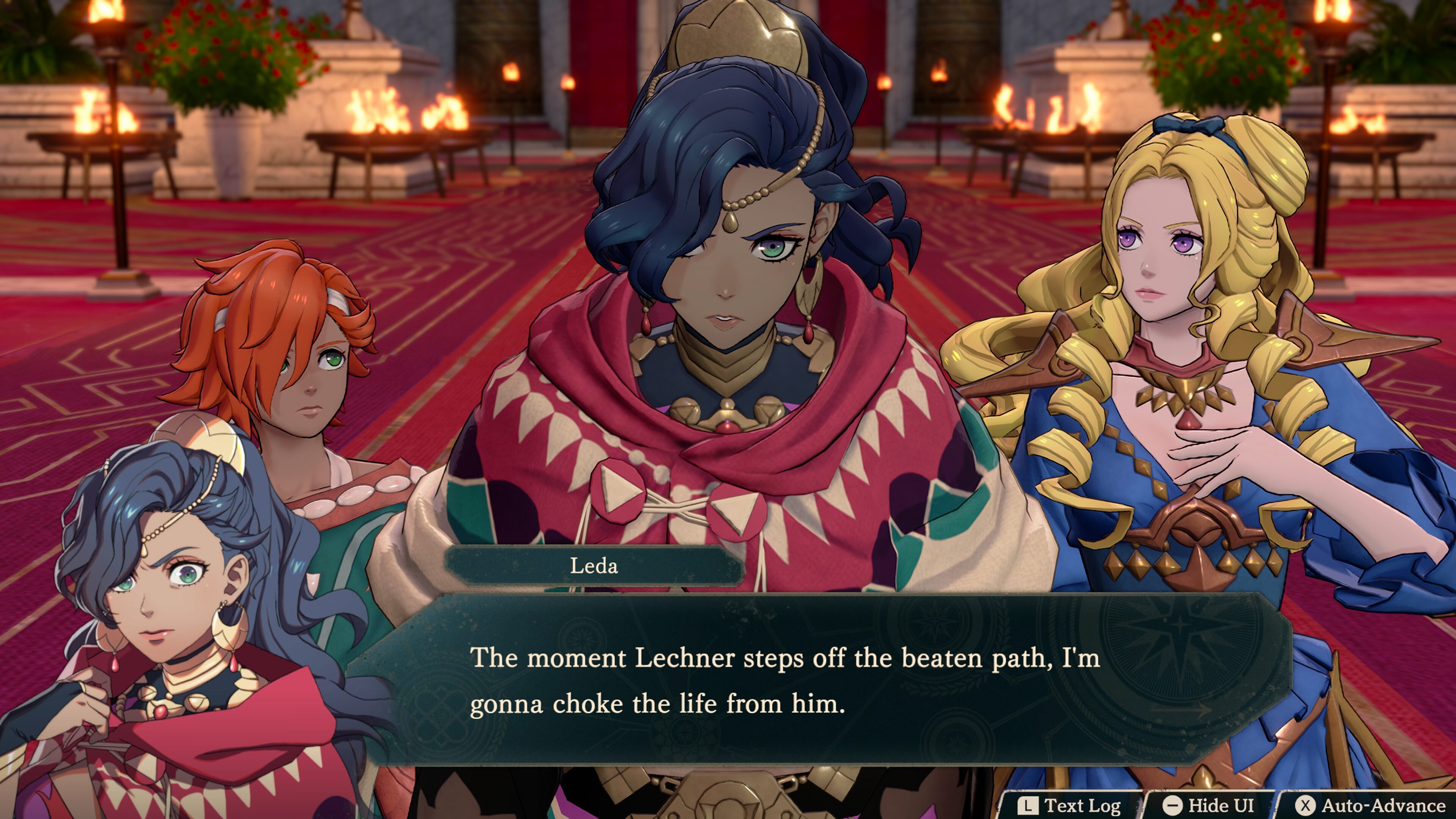 Leda speaking in a torchlit red-carpeted hall with three companions around her