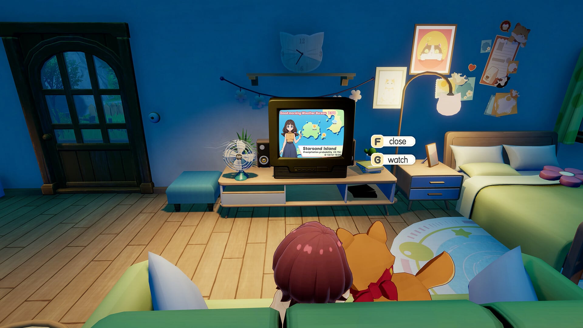 Watching the weather forecast on TV in the bedroom with a corgi pet