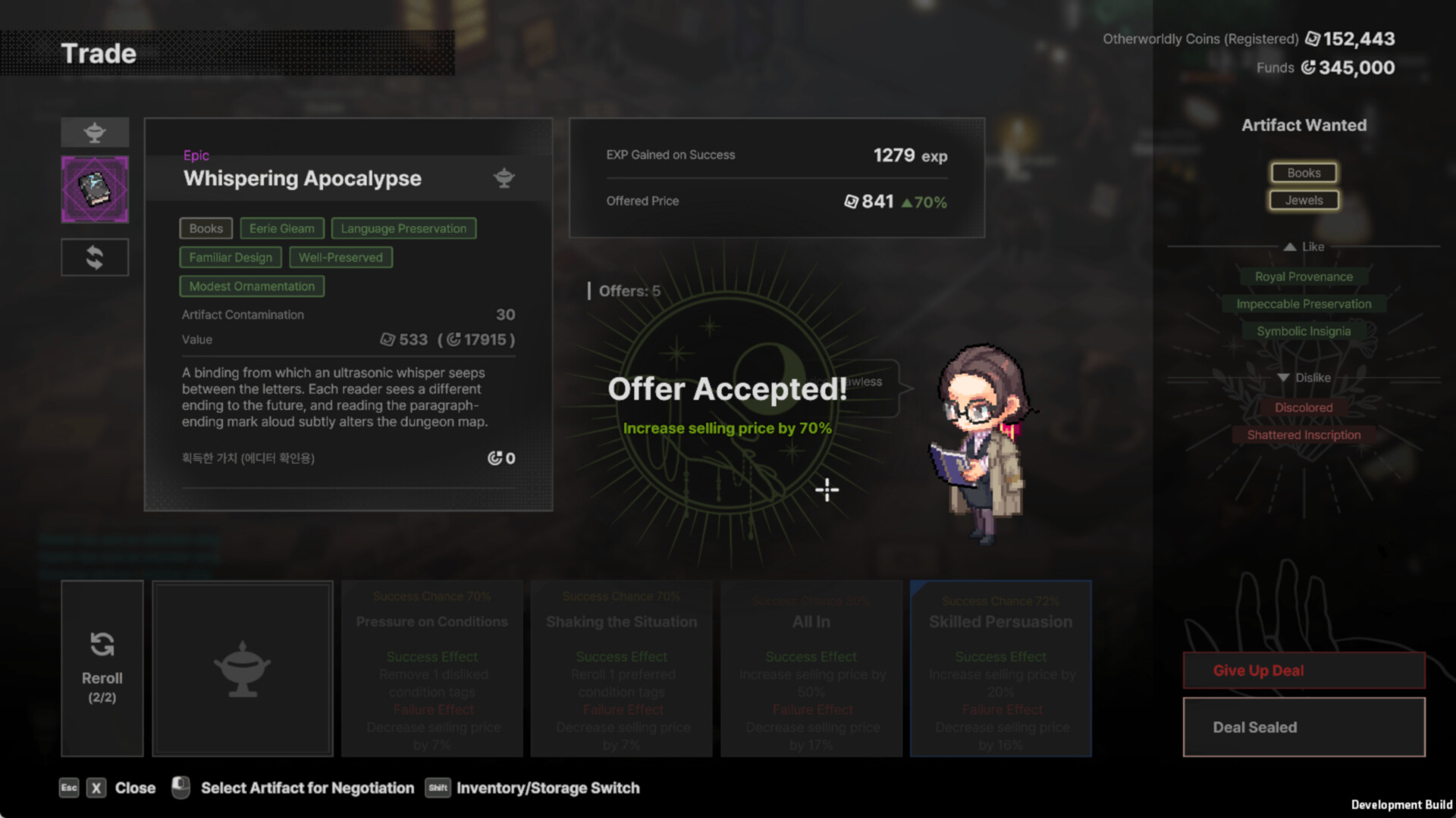 The artifact trade screen in VOID DIVER, showing a VIP negotiation with condition tags and offer options