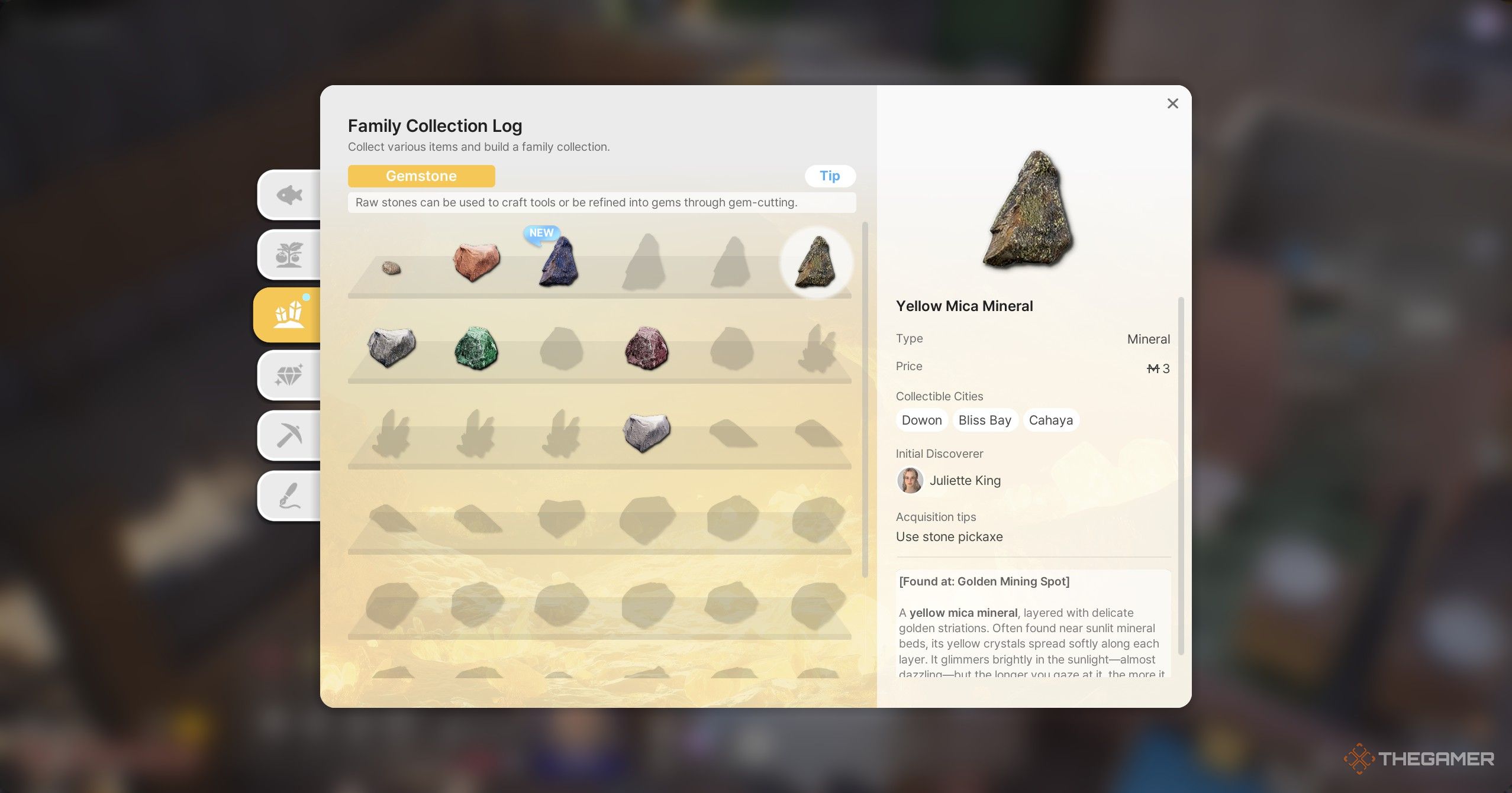 Family Collection Log displaying collected gemstones in inZOI