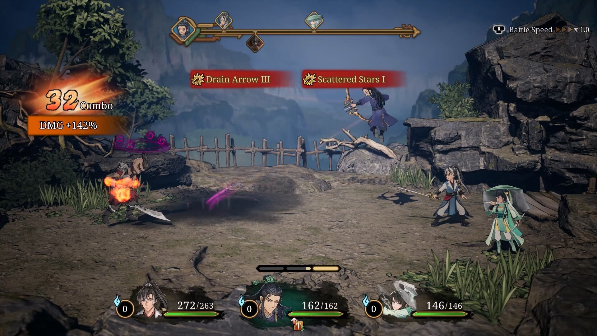A battle at thirty two combo with two queued skill banners on screen, three party members facing a single armoured enemy on a rocky field.