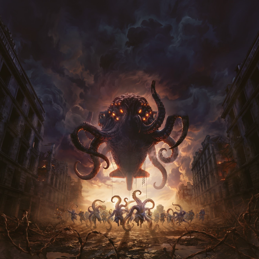 Voidmaster hovers above smaller tentacled creatures in a ruined street