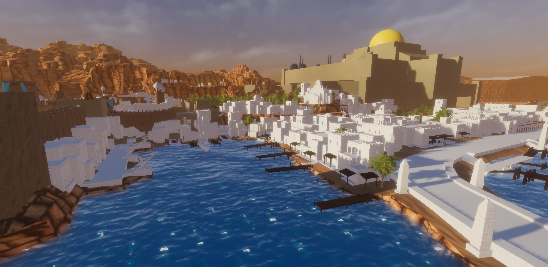 In development view of a harbour city of white buildings along a blue inlet, with docks below and a golden dome above