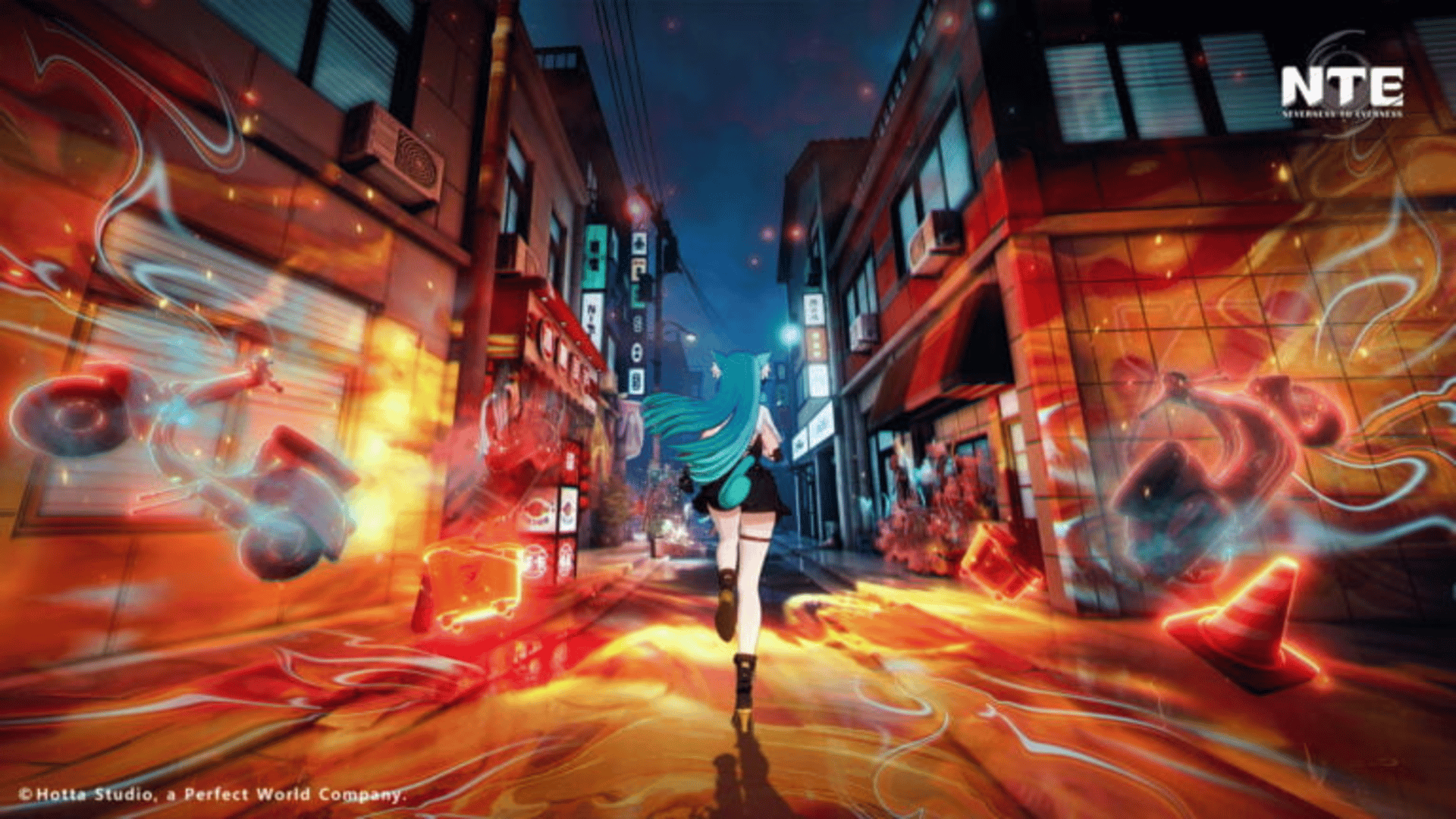 A character channeling anomaly energy through a neon-lit city street in Neverness to Everness
