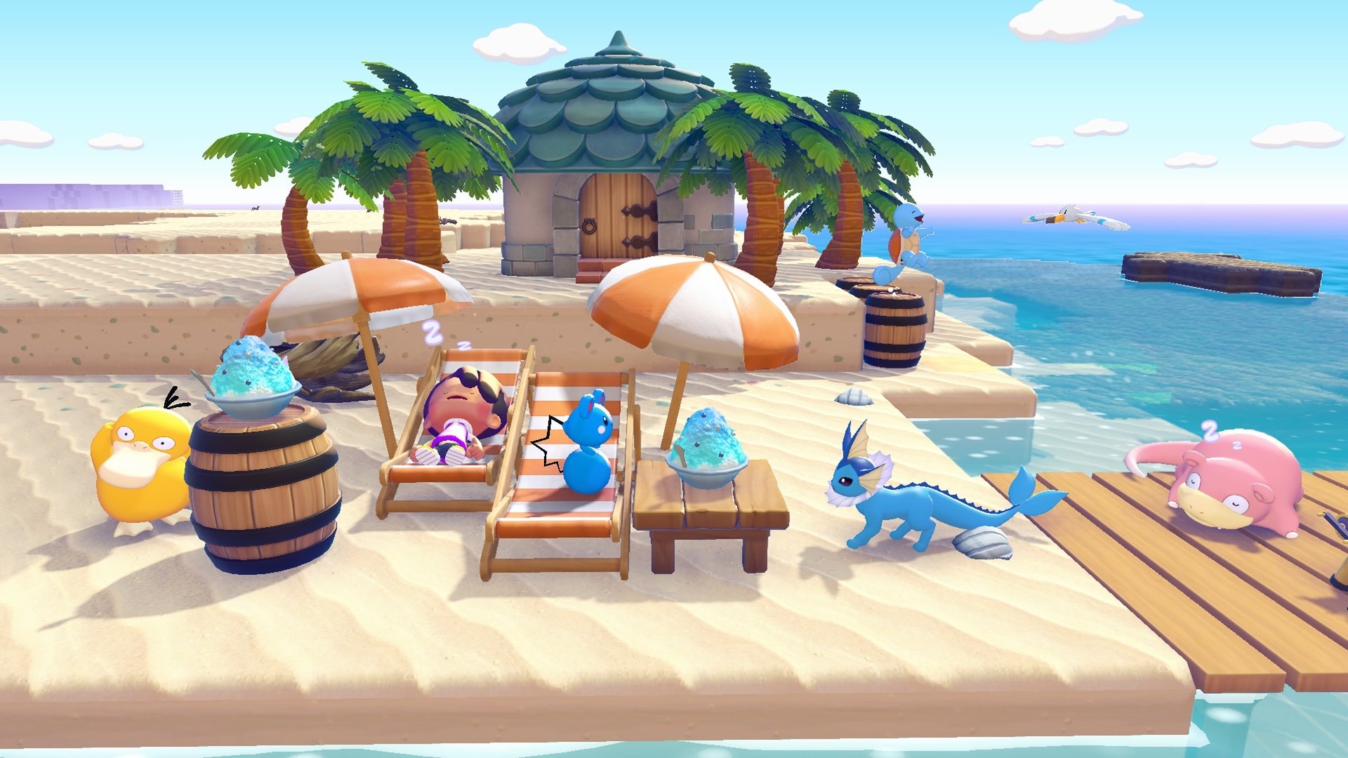 Ditto relaxing on a beach lounger at Bleak Beach alongside Psyduck, Vaporeon, and Slowpoke with palm trees and ocean views
