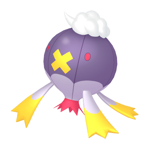 Drifblim sprite from Pokemon Pokopia showing the Blimp Pokemon with Gather and Fly specialties