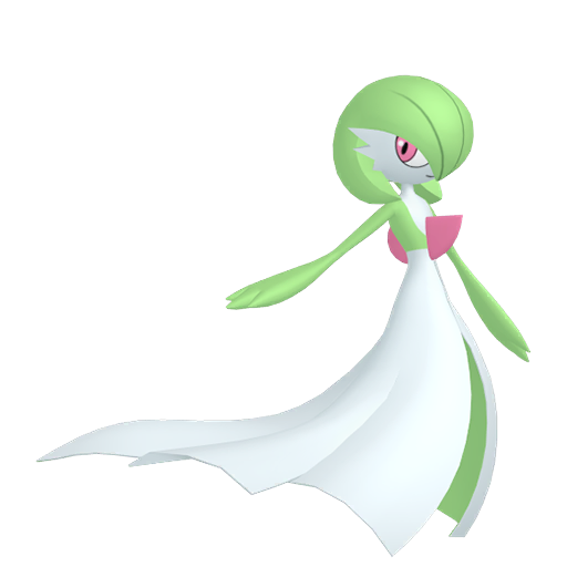 Gardevoir sprite from Pokemon Pokopia showing the Embrace Pokemon with Teleport and Trade specialties