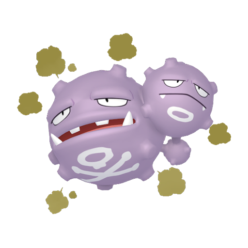 Weezing sprite from Pokemon Pokopia showing the Poison Gas Pokemon with Recycle specialty