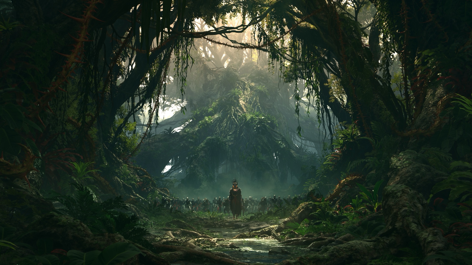 Project Windless in-engine screenshot: a cloaked figure walks a stream-cut path through a dense jungle ravine of vine-draped colossal trees and hanging moss, with a crowd of distant figures gathered further down the trail.