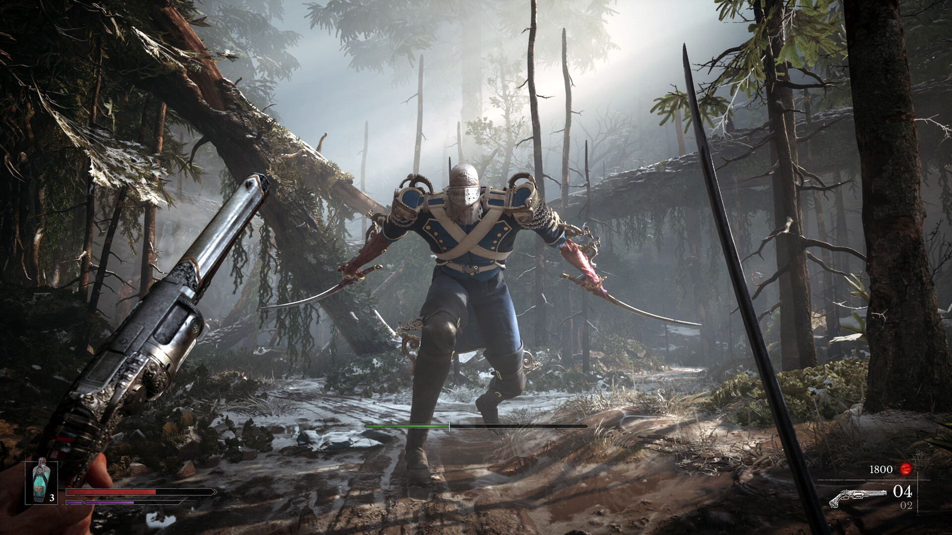 In-game view of the display during a fight: a healing-flask charge counter with a red health bar and a violet bar below it in the bottom left, a resource count of 1800 and firearm ammunition in the bottom right, and the target's health bar across the lower middle, as a blade-armed corrupted soldier advances through a snowy pine forest