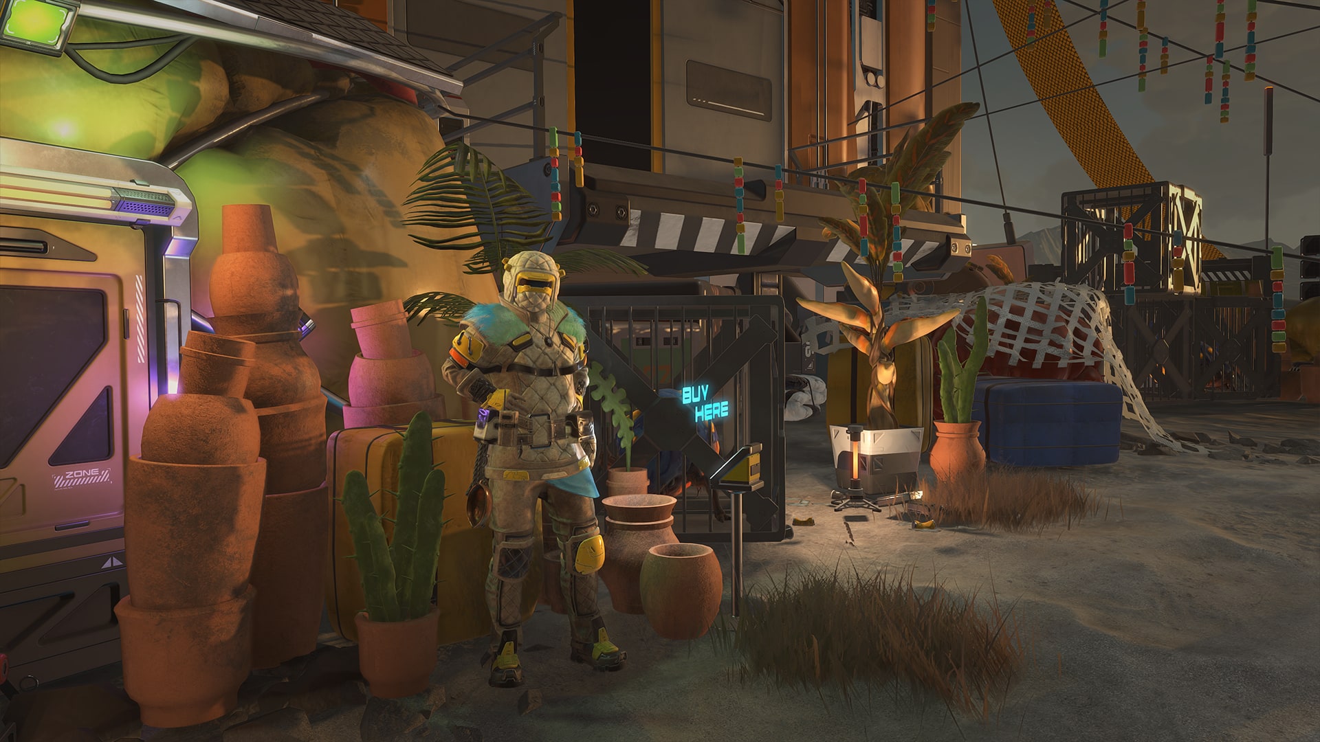 A merchant in a quilted suit with a fur collar stands beside a glowing Buy Here sign, surrounded by clay pots and potted plants at a desert camp