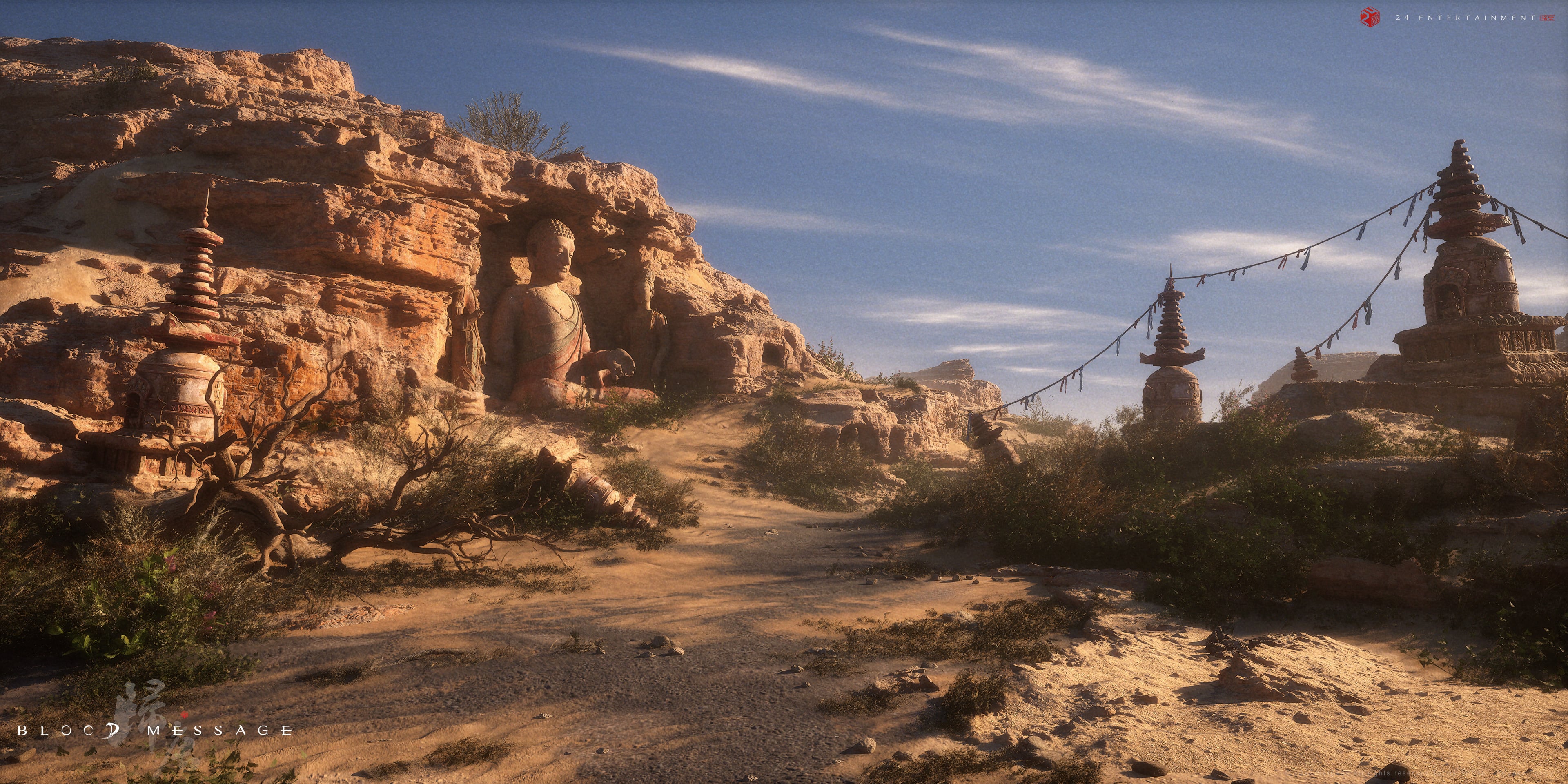 Sunlit Hexi Corridor pilgrim path with a cliffside Buddha statue and Tang-era stupas overlooking a sandy plateau