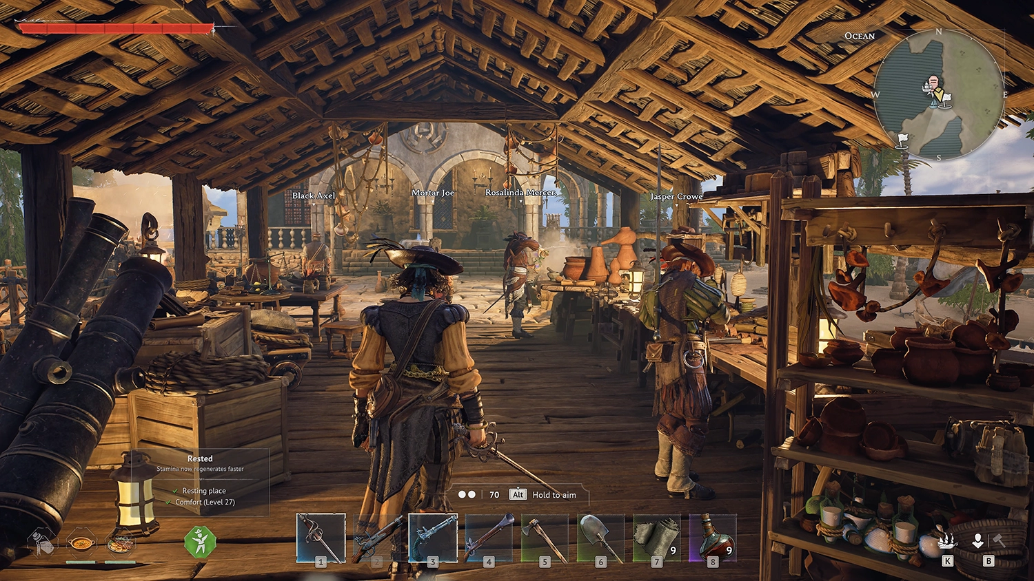 Windrose player-built base with wooden palisades and watchtowers