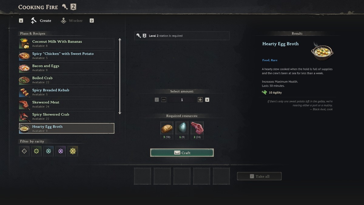 Windrose cooking menu showing food buff options