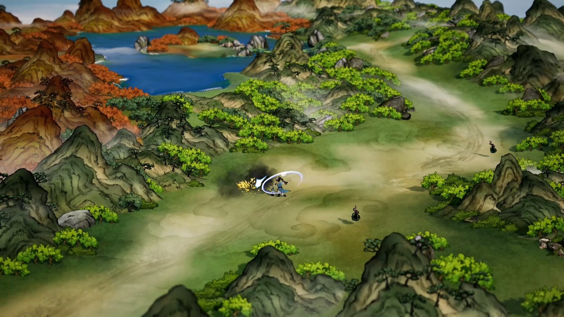 The painted overworld map seen from above, with green hills, a blue bay and a lone traveller striking a dark shadow figure beside the road.