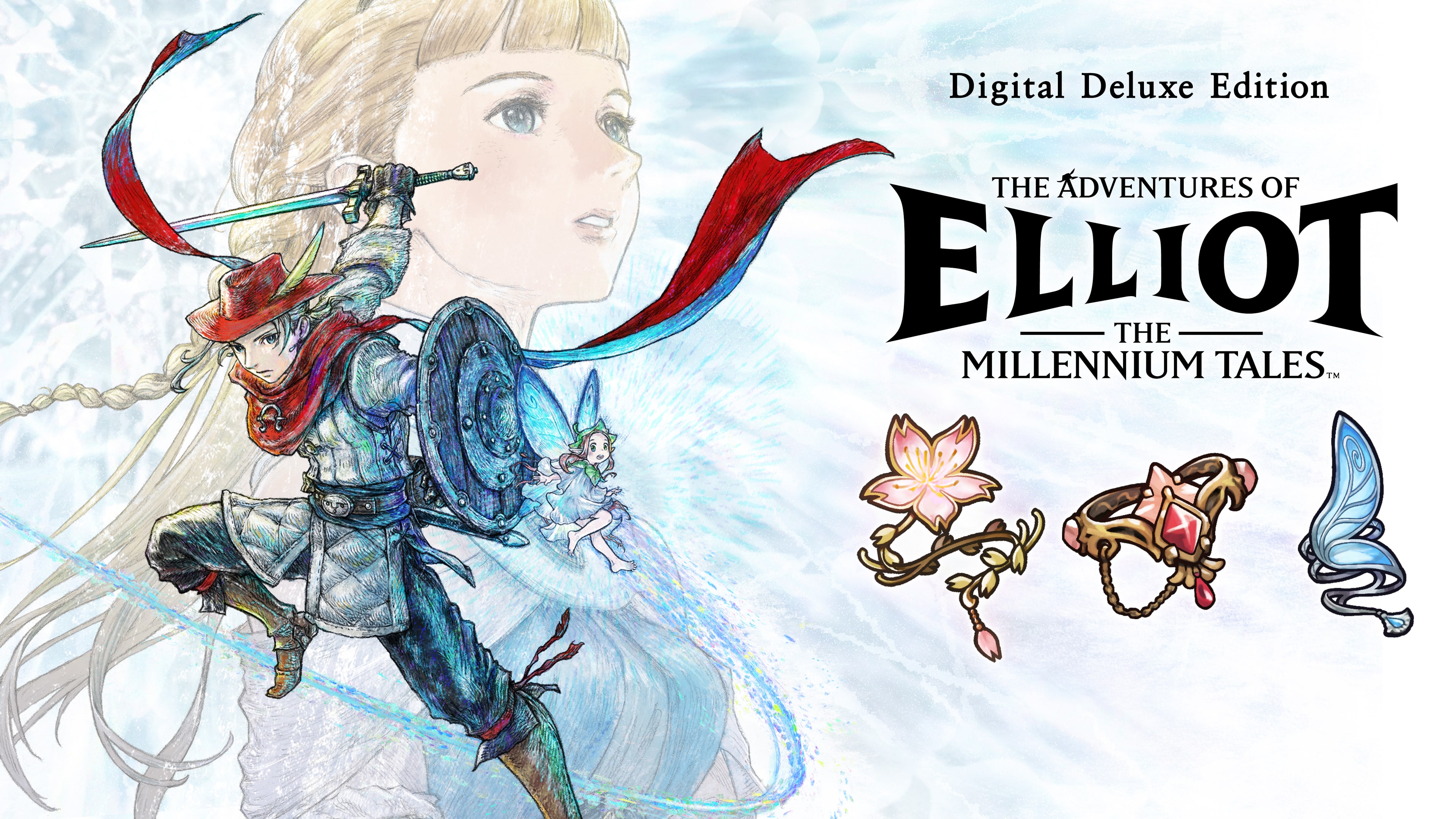 Digital Deluxe Edition key art with the three bonus accessory icons: a cherry blossom charm, a gold bangle with a red gem, and blue fairy wings