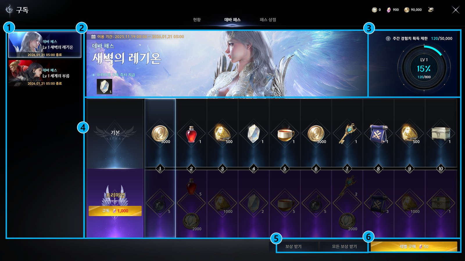 The Daeva Pass window for a Korean service pass, with free and premium reward tracks and the weekly experience gauge, in Korean