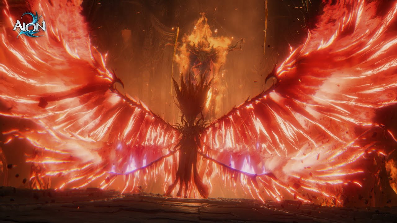 A towering figure with vast burning red wings rising over the stone floor of the Fire Temple