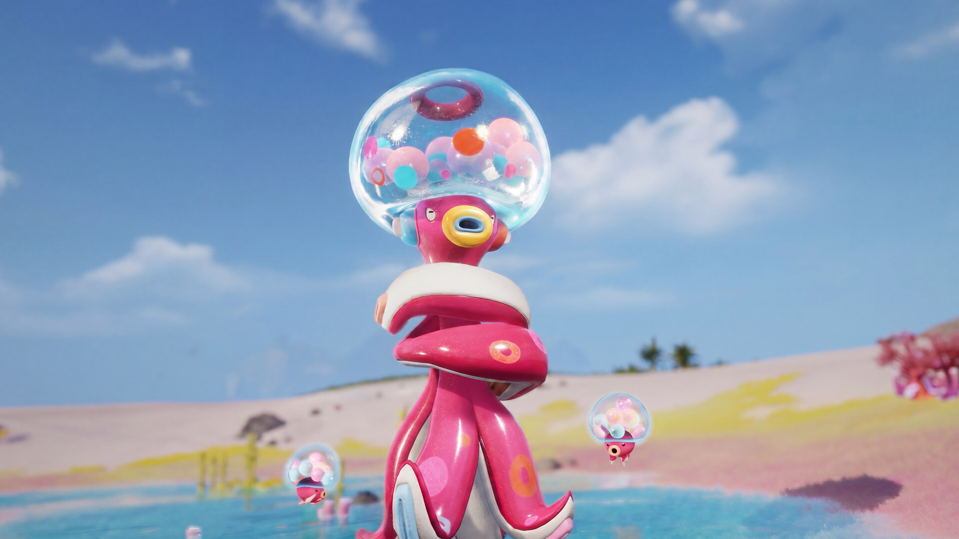 A pink capsule-headed Aniimo and two smaller ones gathered on a pastel coastal shoreline