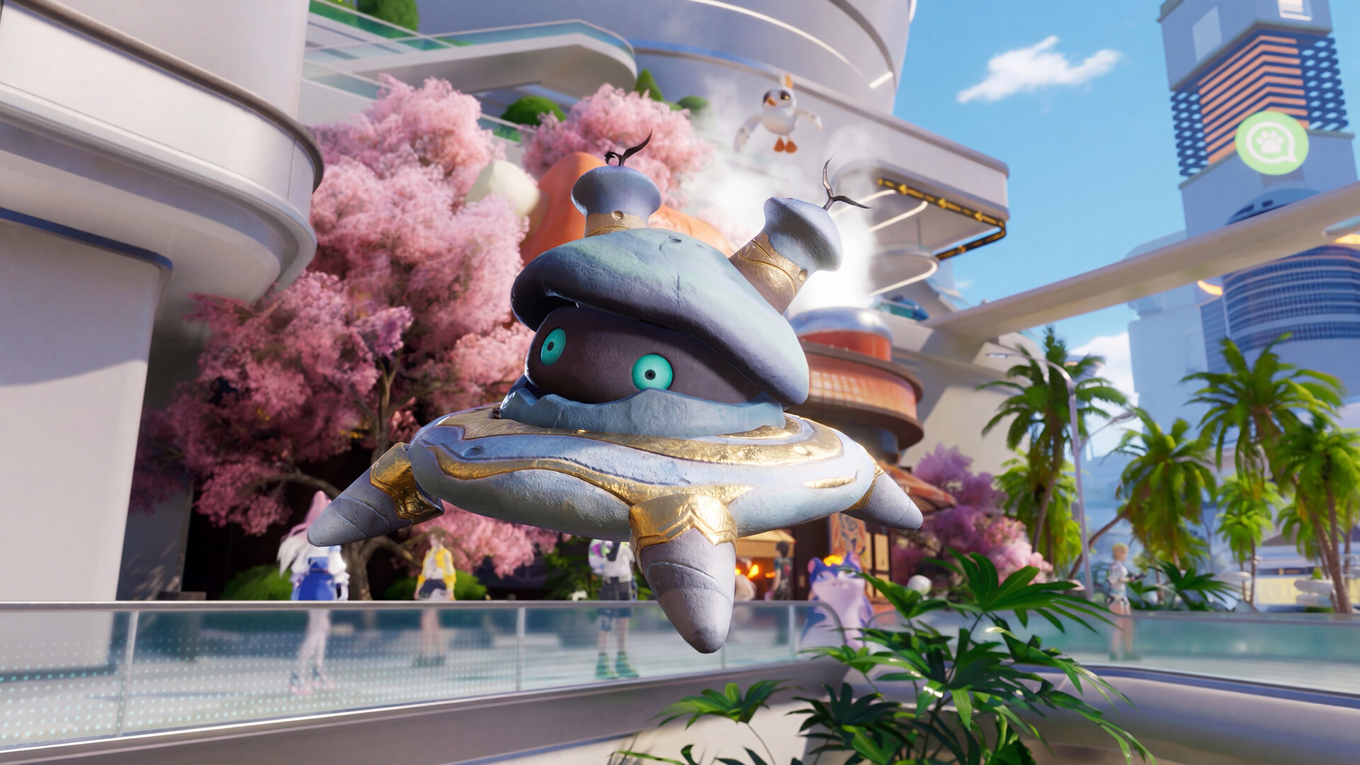An Aniimo hovering over a busy plaza in the sky-floating metropolis of Astra, with other Pathfinders nearby