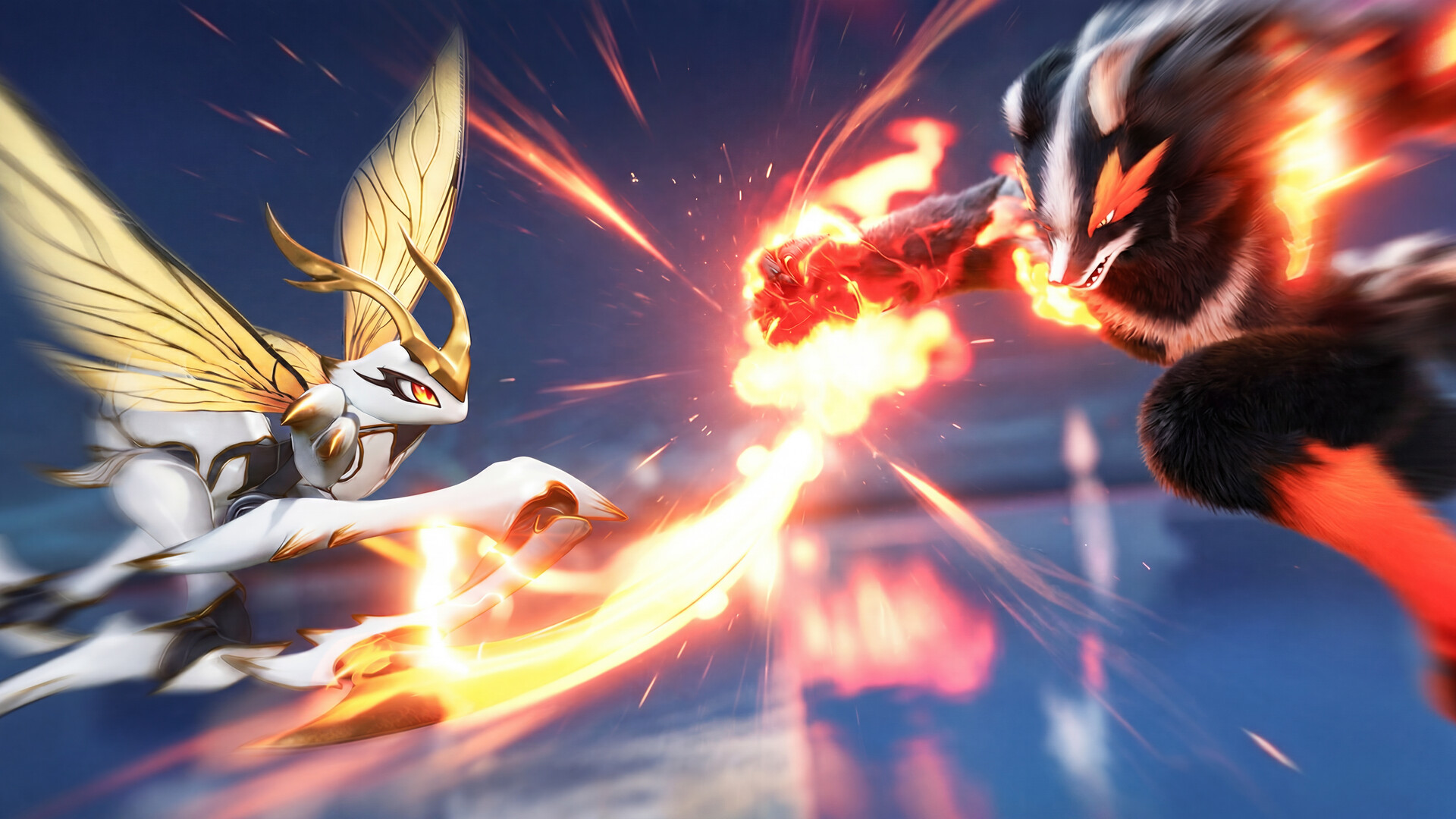 Two Aniimo clashing mid-air in real-time combat, one launching a burning strike