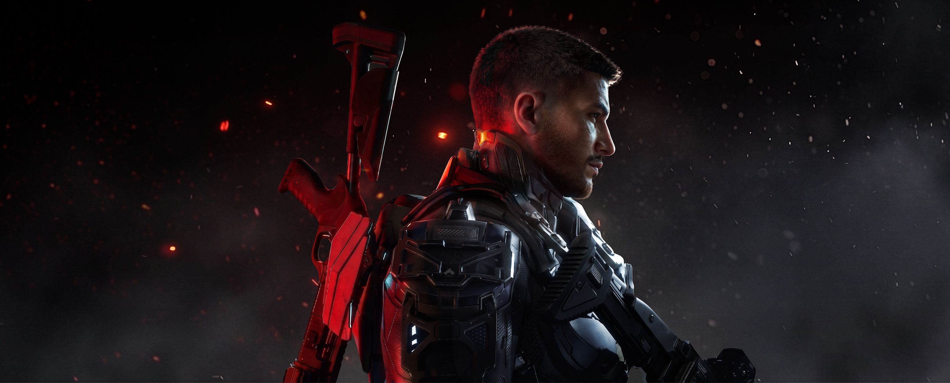 Cinder City key art showing an armored Cinderknight in a black exosuit with a rifle slung across the back, standing amid drifting embers